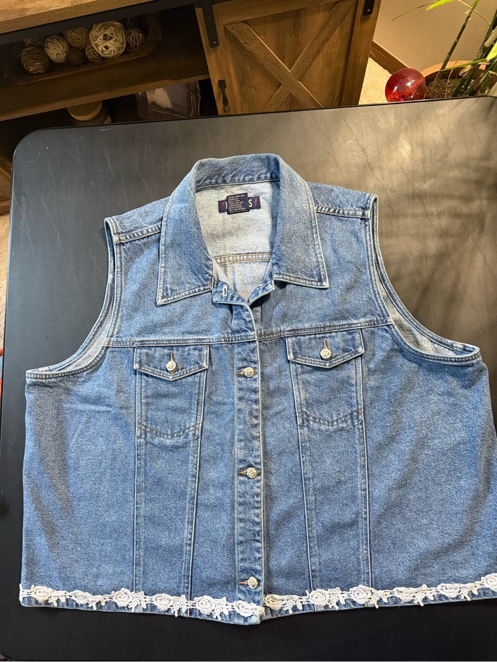 Vintage 90’s L.A. Blues Denim Vest with White Lace Trim - Size 26/28W